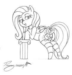 Size: 1562x1614 | Tagged: safe, artist:timmy_22222001, angel bunny, fluttershy, pegasus, pony, rabbit, g4, animal, clothes, duo, leaning, looking back, monochrome, pencil drawing, question mark, sketch, socks, striped socks, traditional art