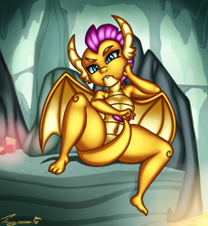 Size: 950x1034 | Tagged: safe, artist:timmy_22222001, smolder, dragon, g4, belly button, cave, covering, female, older, older smolder, sitting, solo, tail covering