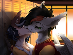 Size: 4000x3000 | Tagged: safe, artist:mithriss, oc, oc only, hippogriff, pony, hippogriff oc, kissing