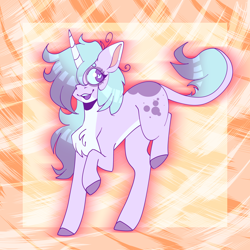 Size: 3300x3300 | Tagged: safe, artist:tuzz-arts, oc, oc only, oc:sugar rain, classical unicorn, pony, unicorn, butt freckles, chest fluff, colored hooves, female, freckles, high res, horn, leonine tail, multicolored hair, orange background, simple background, solo