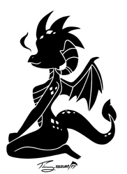 Size: 861x1185 | Tagged: safe, artist:timmy_22222001, princess ember, dragon, g4, black and white, decal, female, grayscale, kneeling, monochrome, silhouette, simple background, solo, white background
