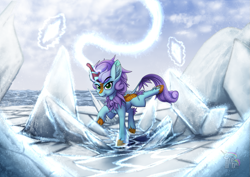 Size: 1323x935 | Tagged: safe, artist:calena, part of a set, oc, oc only, oc:searing cold, kirin, ice, kirin oc, shards, smiling, solo, water
