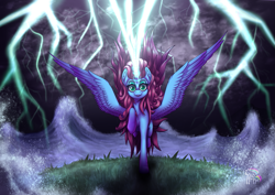 Size: 1323x935 | Tagged: safe, artist:calena, part of a set, oc, oc only, oc:stormy skies, alicorn, pony, alicorn oc, grass, horn, lightning, looking at you, solo, spread wings, water, wings
