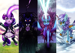 Size: 1191x842 | Tagged: safe, artist:calena, oc, oc only, alicorn, kirin, pegasus, pony, unicorn, alicorn oc, bag, chiaki nanami, clothes, danganronpa, danganronpa 2, darkness, grass, group, horn, ice, izuru kamukura, kirin oc, light, lightning, looking at you, magic, open mouth, raised hoof, wings