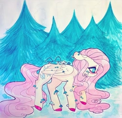 Size: 720x696 | Tagged: safe, fluttershy, pegasus, pony, g4, female, folded wings, forest background, mare, mushrooms, outdoors, pine tree, solo, substrate body, traditional art, tree, watercolor painting, wings