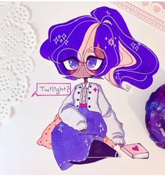 Size: 720x766 | Tagged: safe, artist:dollbunnie, twilight sparkle, human, g4, alternate hairstyle, blouse, blushing, book, clothes, dark skin, eyebrows, female, glasses, humanized, instagram, jacket, long skirt, marker drawing, mary janes, pillow, ponytail, question, shoes, skirt, solo, speech bubble, tights, traditional art