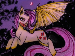 Size: 1080x810 | Tagged: safe, alternate version, artist:sttrudell, fluttershy, bat pony, pony, g4, bat ponified, blood moon, female, flutterbat, hair over one eye, mare, moon, night, outdoors, prone, race swap, solo, tree