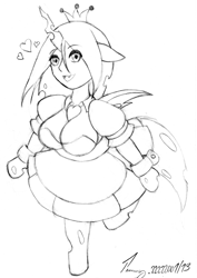 Size: 855x1208 | Tagged: safe, artist:timmy_22222001, queen chrysalis, anthro, unguligrade anthro, g4, arm hooves, big breasts, breasts, busty queen chrysalis, chibi, cleavage, clothes, female, maid, monochrome, pencil drawing, solo, traditional art