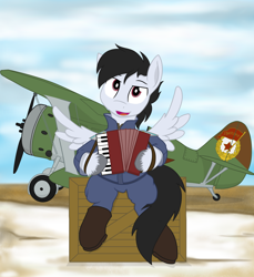 Size: 2350x2560 | Tagged: safe, artist:xphil1998, oc, oc only, oc:commissar junior, pegasus, semi-anthro, accordion, arm hooves, biplane, crate, fighter pilot, fighter plane, high res, male, musical instrument, pilot, plane, polikarpov i-15, sitting, solo, soviet union, spread wings, stallion, wings, world war ii
