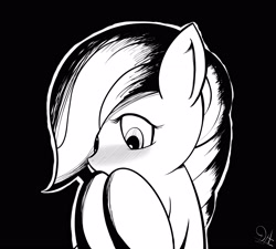 Size: 3218x2895 | Tagged: safe, artist:drawalaverr, marble pie, earth pony, pony, g4, blushing, dark background, female, grayscale, high res, looking down, mare, monochrome, shy, solo