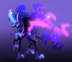 Size: 2154x1841 | Tagged: safe, artist:sugaryicecreammlp, nightmare moon, alicorn, pony, g4, armor, colored wings, colored wingtips, curved horn, ethereal fetlocks, ethereal mane, fangs, female, glowing horn, horn, leonine tail, lidded eyes, mare, purple background, raised hoof, redesign, signature, simple background, solo