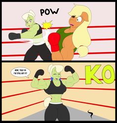 Size: 3168x3336 | Tagged: safe, artist:matchstickman, applejack, granny smith, earth pony, anthro, g4, abs, applejacked, biceps, black eye, boxing, boxing gloves, boxing ring, breasts, busty applejack, busty granny smith, clothes, comic, commission, eyes closed, female, fight, flexing, granny smash, hair bun, happy, high res, knockout, muscles, muscular female, pants, punch, speech bubble, sports, sports bra, sweatpants, victory pose