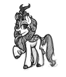 Size: 1024x1192 | Tagged: safe, artist:twilibrary, autumn blaze, kirin, g4, female, lidded eyes, mare, monochrome, open mouth, raised hoof, simple background, sketch, solo, traditional art, white background