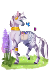 Size: 1053x1466 | Tagged: safe, artist:lou1911, zecora, butterfly, pony, zebra, bag, ear piercing, earring, female, flower, hoers, jewelry, mare, neck rings, piercing, raised leg, realistic, saddle bag, simple background, smiling, solo, transparent background