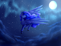 Size: 1600x1216 | Tagged: safe, artist:montystyle, princess luna, alicorn, pony, g4, beautiful, cloud, detailed background, digital art, female, missing accessory, moon, night, solo