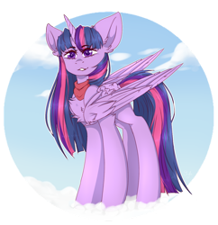 Size: 1024x1057 | Tagged: safe, artist:montystyle, twilight sparkle, alicorn, pony, g4, big ears, chest fluff, clothes, cloud, eyebrows, female, happy, long mane, scarf, smiling, solo, twilight sparkle (alicorn)