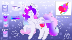 Size: 2560x1440 | Tagged: safe, artist:shinningblossom12, oc, oc only, oc:anasflow maggy, oc:shinning blossom, alicorn, pony, alicorn oc, chest fluff, ethereal mane, female, fusion, heart, horn, mare, raised hoof, reference sheet, wings