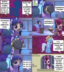 Size: 552x620 | Tagged: safe, pinkie pie, trixie, twilight sparkle, alicorn, pony, g4, comic, food, hat, pie, prison, spanish, translated in the comments, twilight sparkle (alicorn)