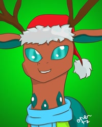 Size: 863x1079 | Tagged: safe, alternate version, artist:operfield, oc, oc only, oc:stitchy de noël, changedling, changeling, anthro, antlers, bust, changedling oc, changeling oc, christmas, christmas changeling, clothes, colored, gradient background, hat, holiday, reindeer antlers, santa hat, scarf, signature, smiling, solo
