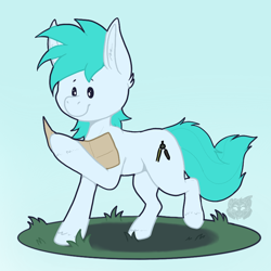 Size: 800x800 | Tagged: safe, artist:sursiq, oc, oc only, earth pony, pony, cartographer, chibi, full body, gradient background, grass, grass patch, male, map, raised hoof, solo