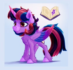 Size: 1804x1728 | Tagged: safe, artist:thatonegib, twilight sparkle, alicorn, pony, g4, colored wings, cutie mark, emala jiss challenge, female, folded wings, horn, long tail, mare, multicolored hair, multicolored mane, multicolored tail, multicolored wings, pink eyes, redesign, short hair, smiling, solo, standing, tail, twilight sparkle (alicorn), wings