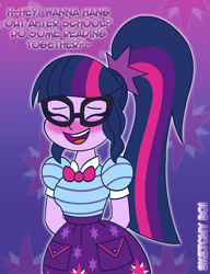 Size: 2000x2600 | Tagged: safe, artist:snakeythingy, sci-twi, twilight sparkle, equestria girls, g4, my little pony equestria girls: better together, adorkable, arm behind back, blushing, blushing profusely, blushlight sparkle, clothes, cute, dialogue, dork, dress, eyes closed, female, glasses, grin, high res, meganekko, neck bow, nerd, nervous, nervous smile, open mouth, ponytail, sci-twi skirt, shy, simple background, skirt, smiling, solo, story included, transparent background, twiabetes
