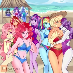 Size: 1280x1280 | Tagged: safe, artist:xjenn9, applejack, fluttershy, octavia melody, pinkie pie, rainbow dash, rarity, sci-twi, starlight glimmer, sunset shimmer, trixie, twilight sparkle, human, equestria girls, g4, alternate hairstyle, beach, belly button, bikini, braid, breasts, busty applejack, busty fluttershy, busty octavia melody, busty pinkie pie, busty rainbow dash, busty rarity, busty starlight glimmer, busty trixie, busty twilight sparkle, clothes, cocktail, day, drink, eyes closed, female, hug, humane five, humane seven, humane six, legs together, lesbian, ocean, offscreen character, one-piece swimsuit, open-back swimsuit, peace sign, pigtails, ship:rarijack, shipping, swimsuit
