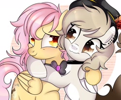 Size: 1280x1060 | Tagged: safe, artist:2pandita, oc, oc only, oc:cat-puchina, oc:tender mist, pegasus, pony, blushing, ear piercing, eye contact, female, hug, looking at each other, mare, piercing, smiling