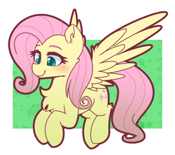 Size: 1522x1350 | Tagged: safe, artist:puetsua, fluttershy, pegasus, pony, g4, abstract background, blushing, chest fluff, colored pupils, cute, ear fluff, female, flower, leg fluff, mare, shyabetes, solo, spread wings, wings