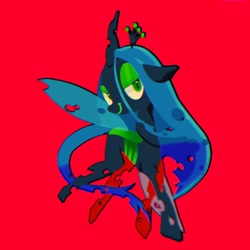 Size: 768x768 | Tagged: safe, artist:tomizawa96, queen chrysalis, changeling, changeling queen, g4, cute, cutealis, female, floppy ears, lidded eyes, red background, simple background, smiling, solo