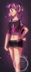 Size: 685x1600 | Tagged: safe, artist:manella-art, twilight sparkle, human, g4, clothes, denim shorts, eyebrows, eyebrows visible through hair, female, freckles, hand on hip, happy, humanized, looking at you, multicolored hair, purple eyes, shirt, shorts, smiling, smiling at you, solo, watermark