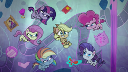 Size: 1920x1080 | Tagged: safe, screencap, applejack, fluttershy, pinkie pie, rainbow dash, rarity, twilight sparkle, alicorn, earth pony, pegasus, pony, unicorn, g4.5, my little pony: pony life, pony surfin' safari, angry, applejack's hat, book, cowboy hat, crossed arms, cute triangle, female, fluttershy is not amused, grin, hat, jewelry, kite, mane six, nervous, nervous smile, painting, pillow, pinkie pie is not amused, rainbow dash is not amused, rarity is not amused, ring, smiling, sock, teeth, twilight sparkle is not amused, unamused, volleyball, whistler's mother