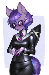 Size: 2047x3118 | Tagged: safe, artist:tawni-tailwind, oc, oc only, oc:starshine bomber, pegasus, anthro, bondage, bound wings, business suit, clothes, glasses, high res, intersex, latex, outfit, shiny, solo, wing sleeves, wings