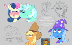 Size: 1729x1080 | Tagged: safe, artist:another_pony, applejack, bon bon, lyra heartstrings, rarity, sweetie drops, trixie, twilight sparkle, earth pony, pony, unicorn, g4, alternate hairstyle, blushing, cheek kiss, chibi, clothes, cowboy hat, eyes closed, female, giant hat, hat, implied lesbian, implied rarilight, implied shipping, kissing, lesbian, lisa simpson, male, ponified, punk, raripunk, ship:lyrabon, shipping, simpsons did it, sketch, sketch dump, ten gallon hat, the simpsons, trixie's hat