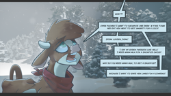 Size: 3840x2162 | Tagged: safe, artist:icychamber, arizona (tfh), cow, them's fightin' herds, clothes, community related, dialogue, engrish, high res, horn, offscreen character, open mouth, pine tree, scarf, snow, speech bubble, tree, wat