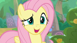 Size: 1280x720 | Tagged: safe, screencap, fluttershy, pony, g4, sounds of silence, female, open mouth, smiling, solo
