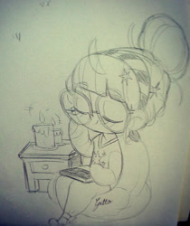 Size: 600x713 | Tagged: safe, artist:ilianagatto, twilight sparkle, human, g4, book, candle, chibi, eyes closed, female, glasses, humanized, monochrome, sketch, solo, traditional art