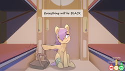 Size: 3840x2162 | Tagged: safe, artist:icychamber, scootaloo, pony, g4, annoyed, backpack, bandage, bunk bed, caption, coronavirus, dialogue box, hair over one eye, high res