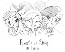 Size: 851x683 | Tagged: safe, artist:ilianagatto, apple bloom, scootaloo, sweetie belle, human, g4, blush sticker, blushing, cutie mark crusaders, female, grayscale, hearts as strong as horses, humanized, monochrome, pencil drawing, sketch, traditional art, trio