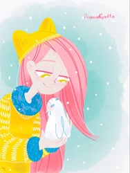 Size: 960x1280 | Tagged: safe, artist:ilianagatto, angel bunny, fluttershy, human, rabbit, g4, animal, clothes, duo, hat, humanized, no pupils, smiling, snow, snowfall, sweater