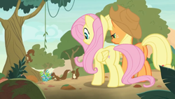 Size: 1280x720 | Tagged: safe, screencap, applejack, fluttershy, earth pony, pegasus, pony, squirrel, g4, sounds of silence, butt, female, mare, plot, tree