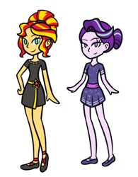 Size: 395x507 | Tagged: safe, artist:cameronjsmith9, starlight glimmer, sunset shimmer, equestria girls, g4, alternate hairstyle, clothes, dress, hair bun, lidded eyes, smiling