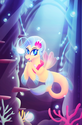 Size: 6146x9312 | Tagged: safe, artist:maldaptive-m, princess skystar, seapony (g4), g4, my little pony: the movie, absurd file size, absurd resolution, bioluminescent, blue eyes, bubble, coral, crepuscular rays, cute, dorsal fin, female, fin, fin wings, fins, fish tail, flower, flower in hair, flowing mane, flowing tail, jewelry, looking at you, necklace, ocean, open mouth, pearl necklace, scales, seaquestria, skyabetes, smiling, smiling at you, solo, swimming, tail, underwater, water, wings