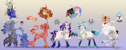 Size: 3000x1200 | Tagged: safe, artist:bunnari, autumn blaze, discord, king sombra, princess celestia, princess luna, sunset shimmer, oc, draconequus, hybrid, g4, autumnshimmer, female, interspecies offspring, magical lesbian spawn, male, offspring, parent:autumn blaze, parent:discord, parent:king sombra, parent:princess celestia, parent:princess luna, parent:sunset shimmer, parents:autumnshimmer, parents:celestibra, parents:lunacord, ship:celestibra, ship:lunacord, shipping, straight