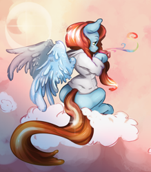 Size: 1514x1732 | Tagged: safe, artist:jorachan, oc, oc only, pegasus, pony, clothes, cloud, hoodie, mug, on a cloud, sitting, sitting on a cloud, solo