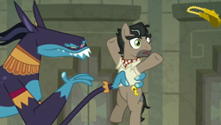 Size: 1920x1080 | Tagged: safe, screencap, ahuizotl, doctor caballeron, earth pony, pony, daring doubt, g4, ascot tie, clothes, duo, male, shirt, stallion, truth talisman