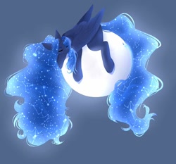 Size: 720x671 | Tagged: safe, artist:montystyle, princess luna, alicorn, pony, g4, blue background, constellation, constellation hair, digital art, ethereal mane, facebook, female, glowing mane, mare, moon, simple background, sleeping, sleeping on moon, solo, starry mane, starry tail, tail, tangible heavenly object