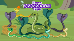 Size: 1280x719 | Tagged: safe, artist:andoanimalia, antoine, rupert, cobra, python, snake, g4, danger noodle, world snake day