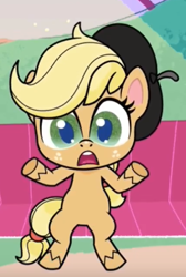 Size: 430x640 | Tagged: safe, screencap, applejack, earth pony, pony, g4, g4.5, how applejack got her hat back, my little pony: pony life, beret, cropped, female, hat, open mouth, sitting, solo