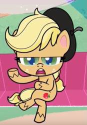Size: 431x619 | Tagged: safe, screencap, applejack, earth pony, pony, g4.5, how applejack got her hat back, my little pony: pony life, beret, cropped, crossed legs, female, hat, mare, open mouth, raised hoof, sitting, solo